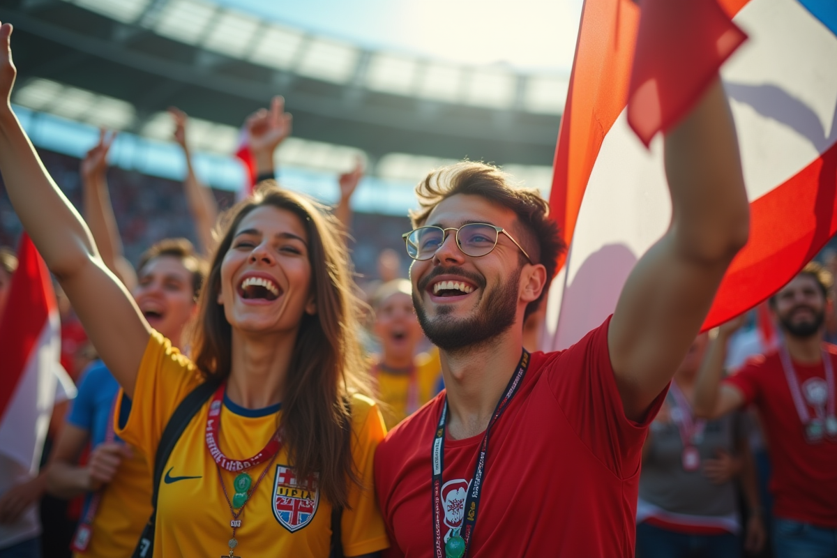 Fans de différentes nations célébrant devant une grande arène de football