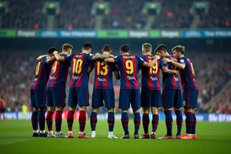 Les joueurs du FC Barcelone réunis en cercle avant un grand match, symbole de cohésion d'équipe