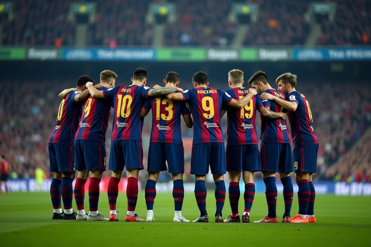 Les joueurs du FC Barcelone réunis en cercle avant un grand match, symbole de cohésion d'équipe
