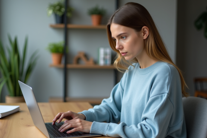 Jeune femme au bureau avec ordinateur et plantes