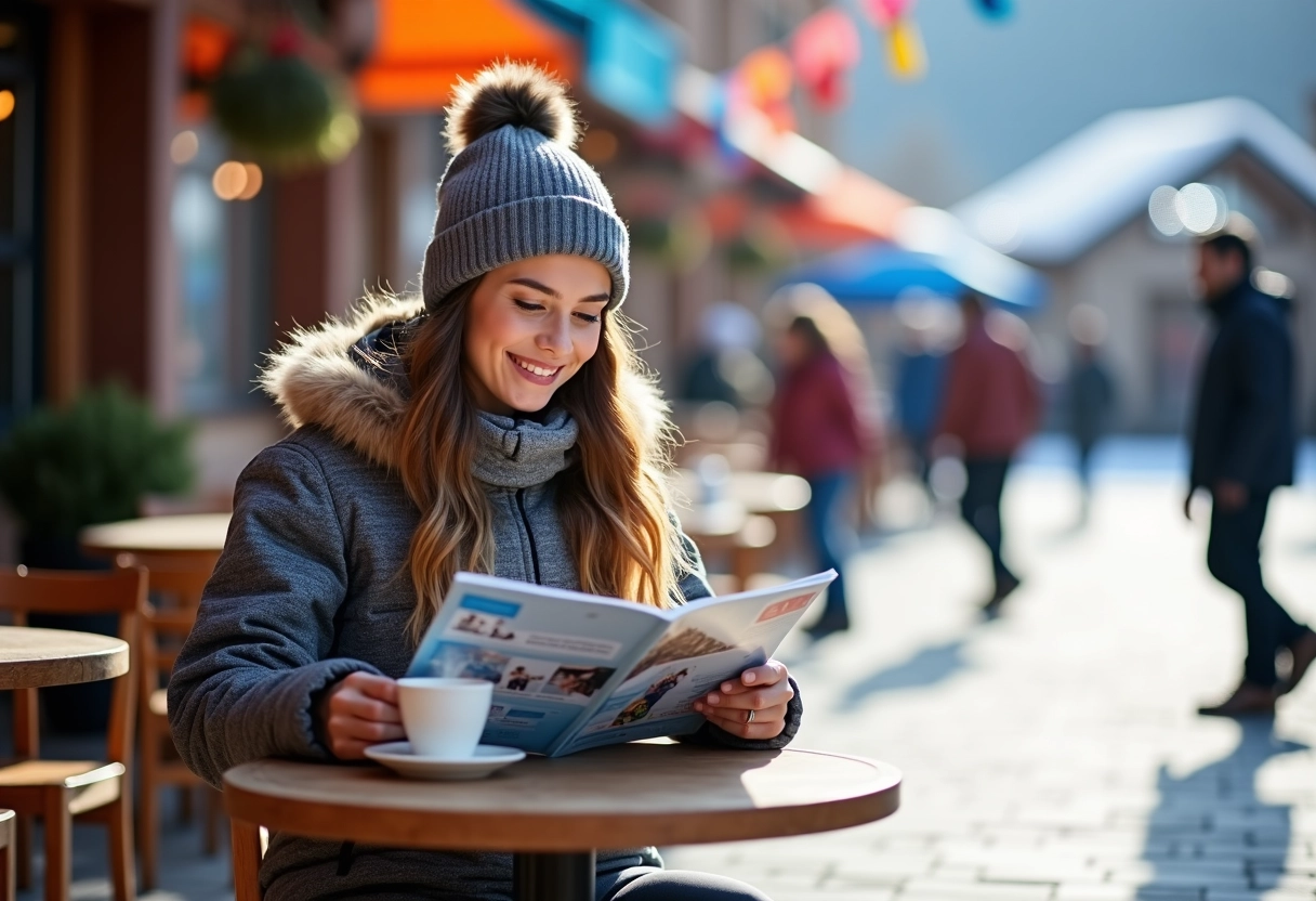 Jeune femme d&eacute;gustant un caf&eacute; dans un village de ski