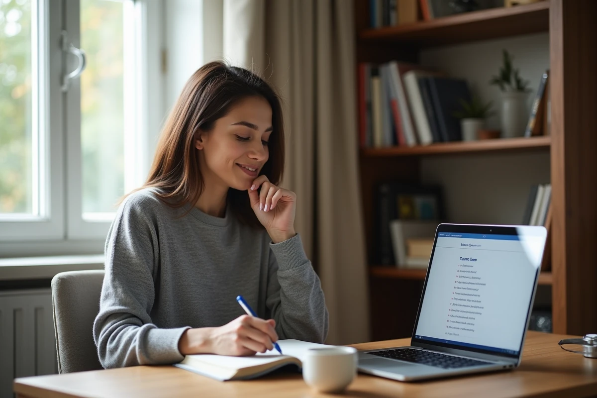 Femme concentrée prenant des notes dans un carnet pour choisir un nom d'équipe, hésitant entre un ton drôle et un ton sérieux