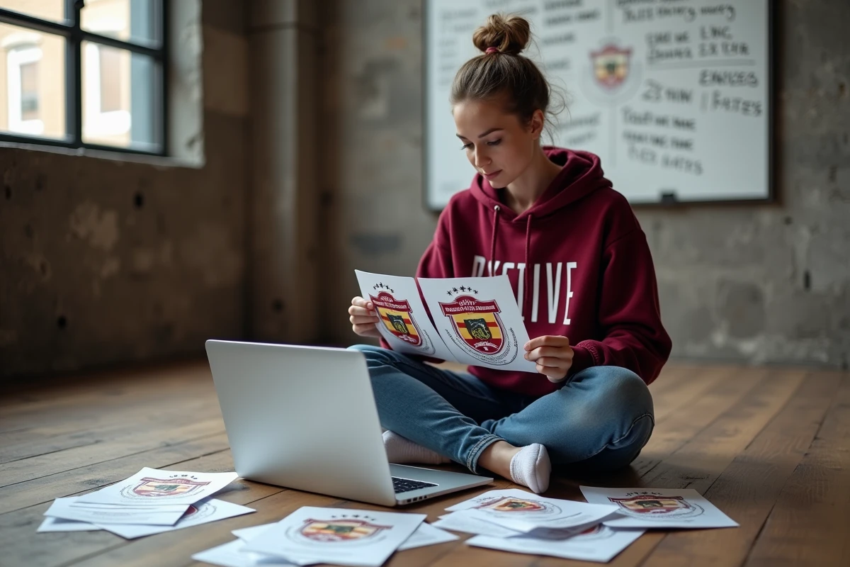 Femme comparant des designs de logo de club de football sur ordinateur portable et impressions papier dans un loft créatif
