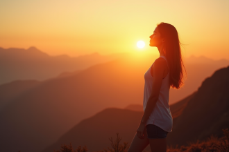 Jeune femme confiante au sommet d'une montagne au lever du soleil
