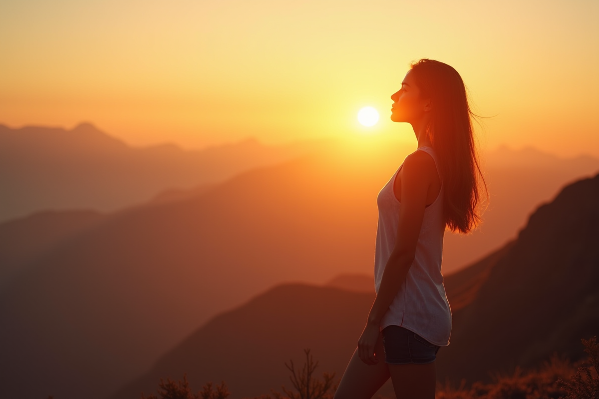 Jeune femme confiante au sommet d'une montagne au lever du soleil