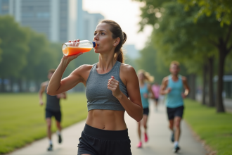 Femme en course buvant une boisson électrolytique dans un parc