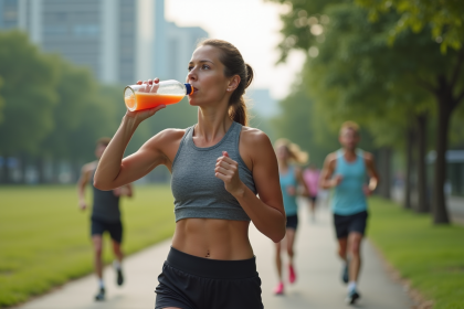 Femme en course buvant une boisson électrolytique dans un parc