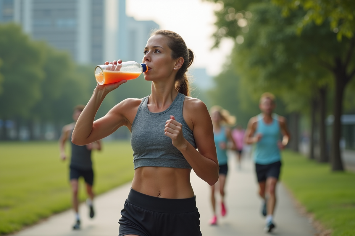 Femme en course buvant une boisson électrolytique dans un parc