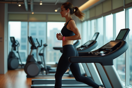 Femme en jogging dans une salle de sport moderne