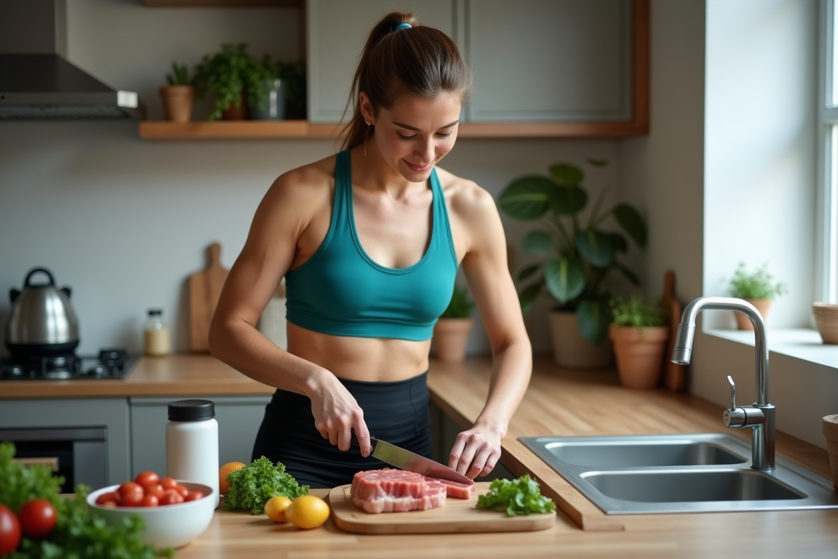 Femme préparant un repas sain dans sa cuisine