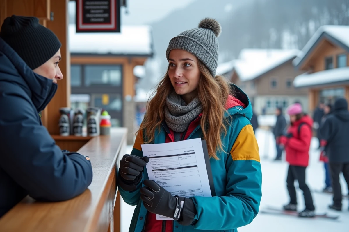 Jeune femme mécontente au comptoir de location de ski dans une station alpine, tenant une réservation en ligne et découvrant des frais cachés
