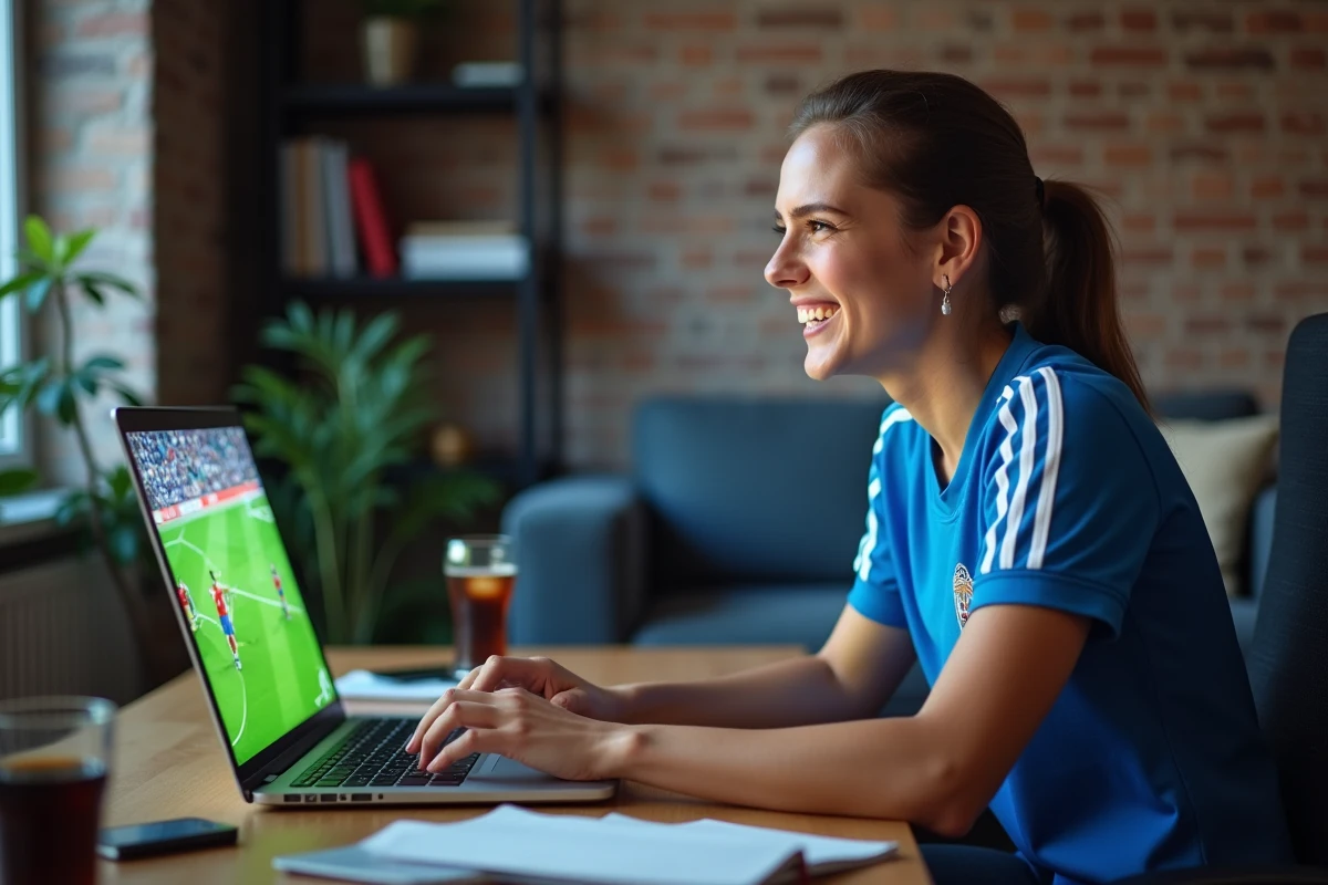 Femme en maillot de foot regardant un match en streaming sur ordinateur portable sans interruption