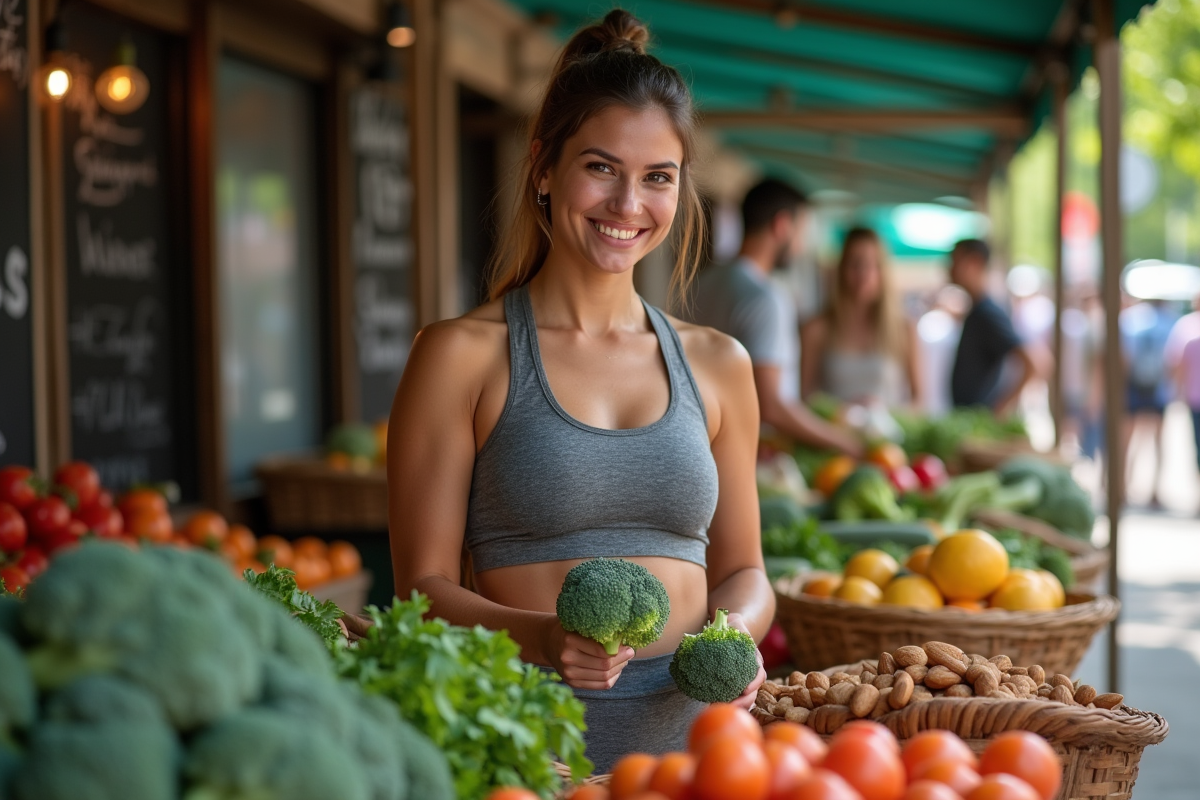 Femme sportive achetant des légumes au marché en plein air