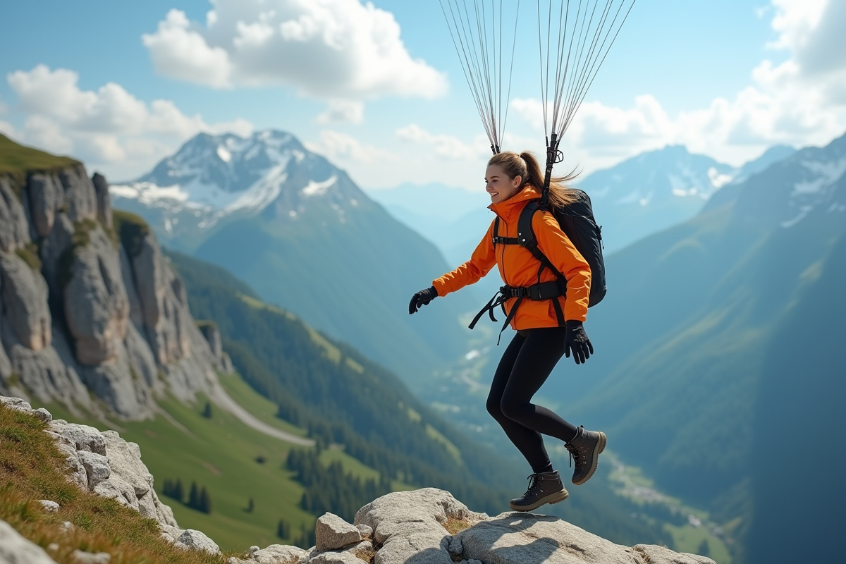 Jeune femme en parapente sur une crête de montagne