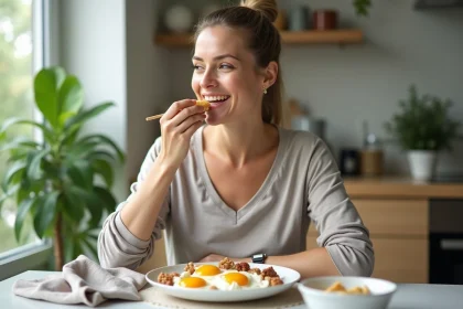 Femme souriante prenant un petit déjeuner équilibré dans la cuisine