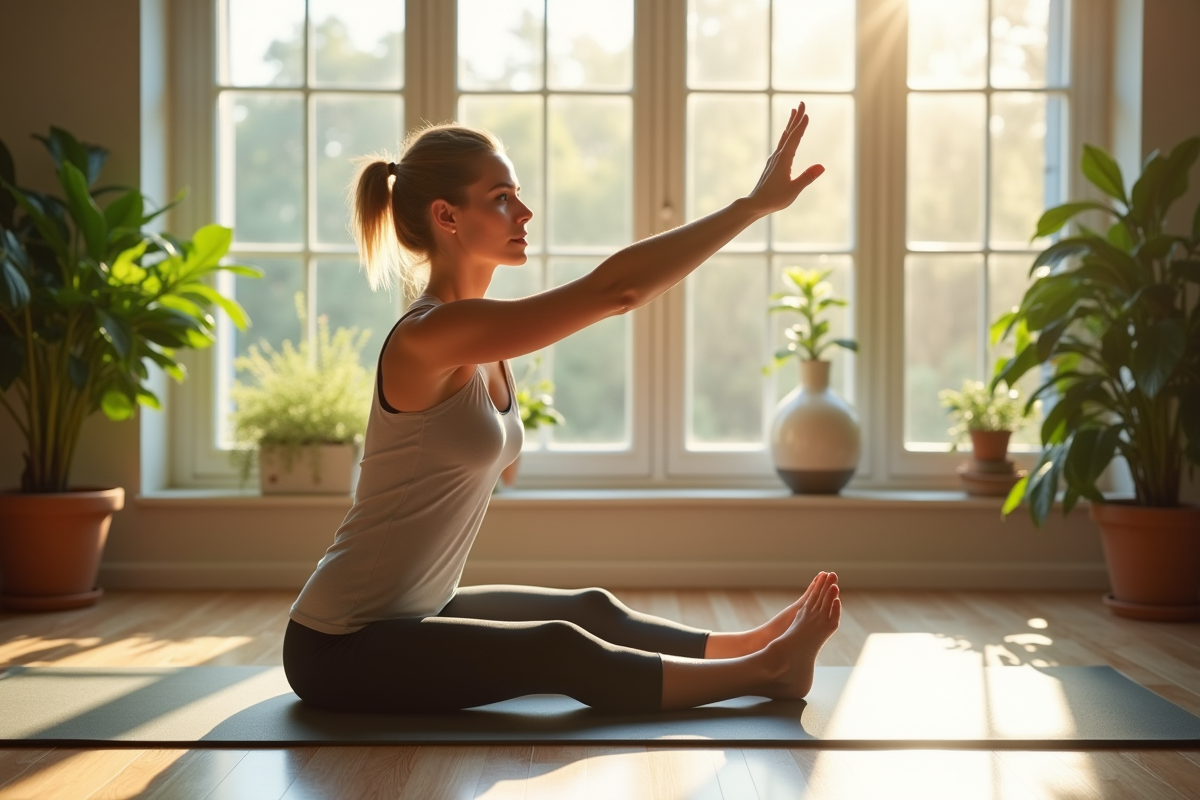 Femme pratiquant Pilates dans un salon lumineux et calme