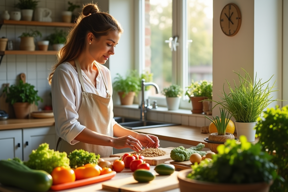 Femme préparant un repas sain avec légumes frais
