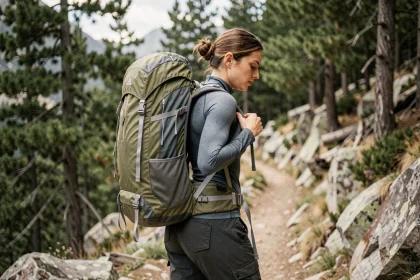 Femme ajustant la ceinture ventrale d'un sac à dos 70L sur un sentier de montagne, vue de dos en plan 3/4