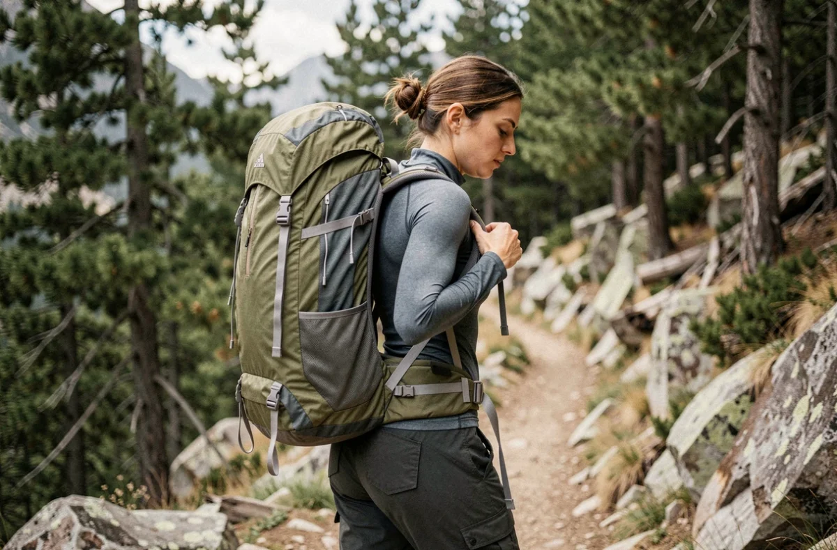Femme ajustant la ceinture ventrale d'un sac à dos 70L sur un sentier de montagne, vue de dos en plan 3/4