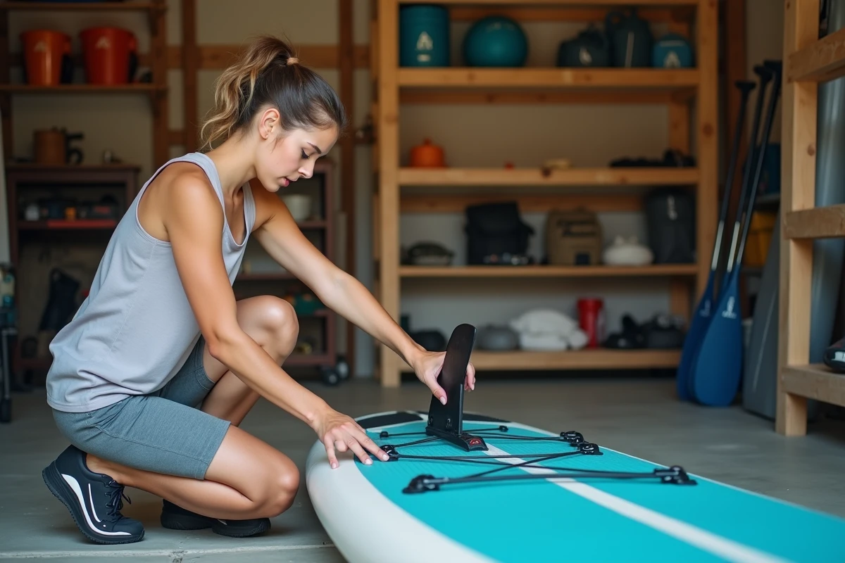 Jeune femme vérifiant la fixation de la dérive dans un garage organisé