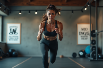 Femme sportive en pleine saut lors d'un HIIT en salle