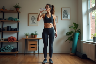 Femme sportive buvant de l'eau dans un bureau maison
