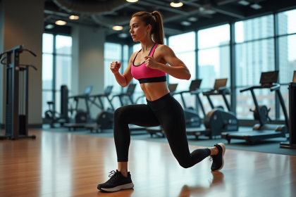 Femme sportive en pleine lunges dans une salle de sport moderne