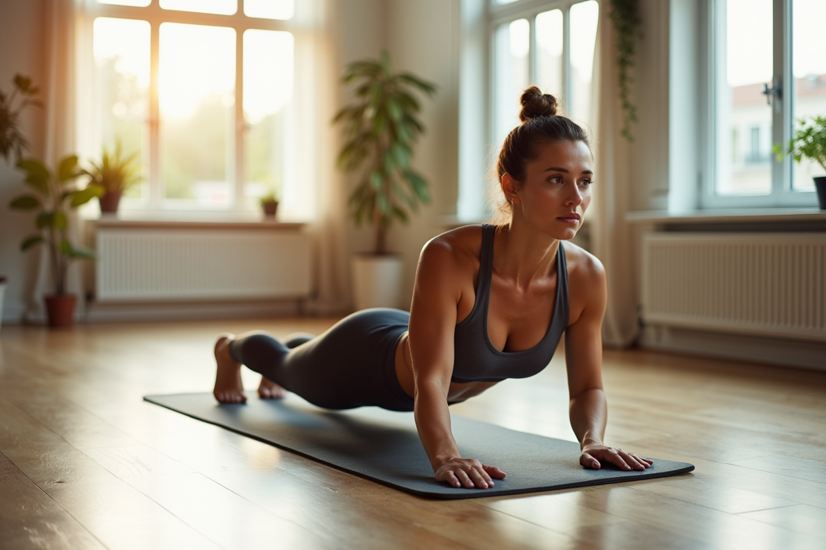 Femme sportive en yoga effectuant des montées de genoux dans un salon lumineux