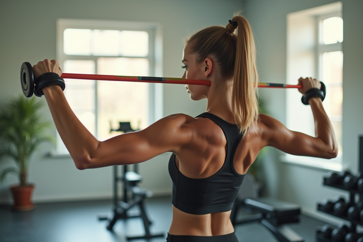 Jeune femme sportive faisant un entraînement avec bandes de résistance dans un gym lumineux