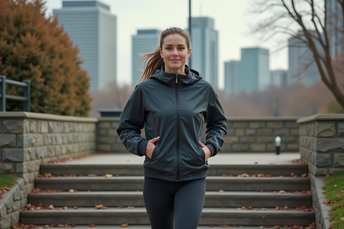 Femme sportive marchant dans un parc urbain en matinée