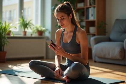 Jeune femme en yoga dans un appartement lumineux