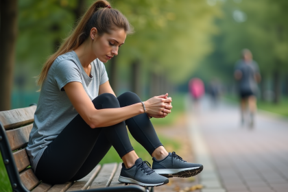 Femme sportive regardant ses chaussures usées dans un parc