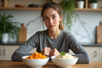 Jeune femme sportive examine ses repas riches en glucides