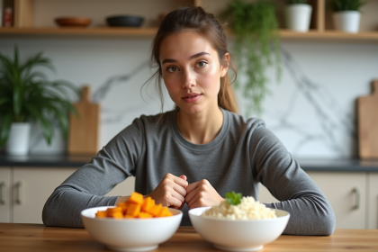Jeune femme sportive examine ses repas riches en glucides