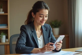 Femme consultant un tableau de répartition de points P100 sur son smartphone au bureau