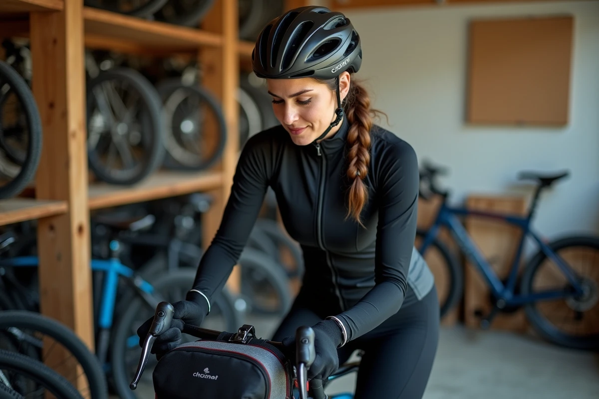 Femme cycliste vérifiant son sac de selle dans un local à vélos