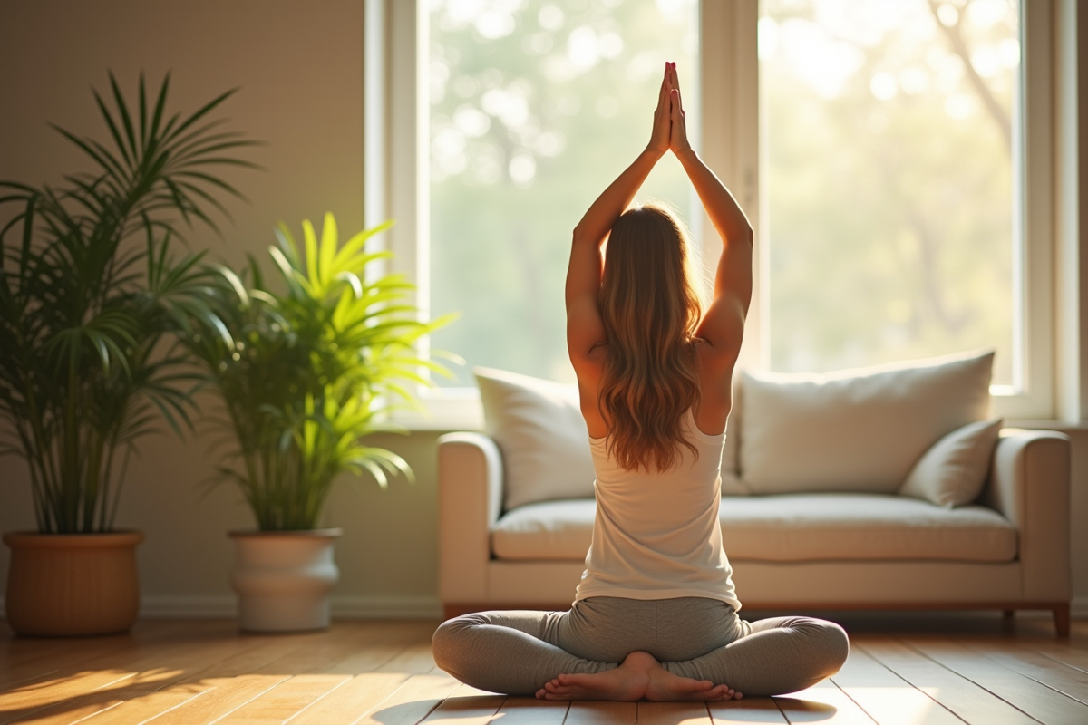 Jeune femme faisant du yoga dans un salon lumineux