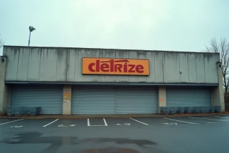 Façade fermée d'un grand magasin de sport avec rideaux métalliques baissés dans une zone commerciale de banlieue strasbourgeoise