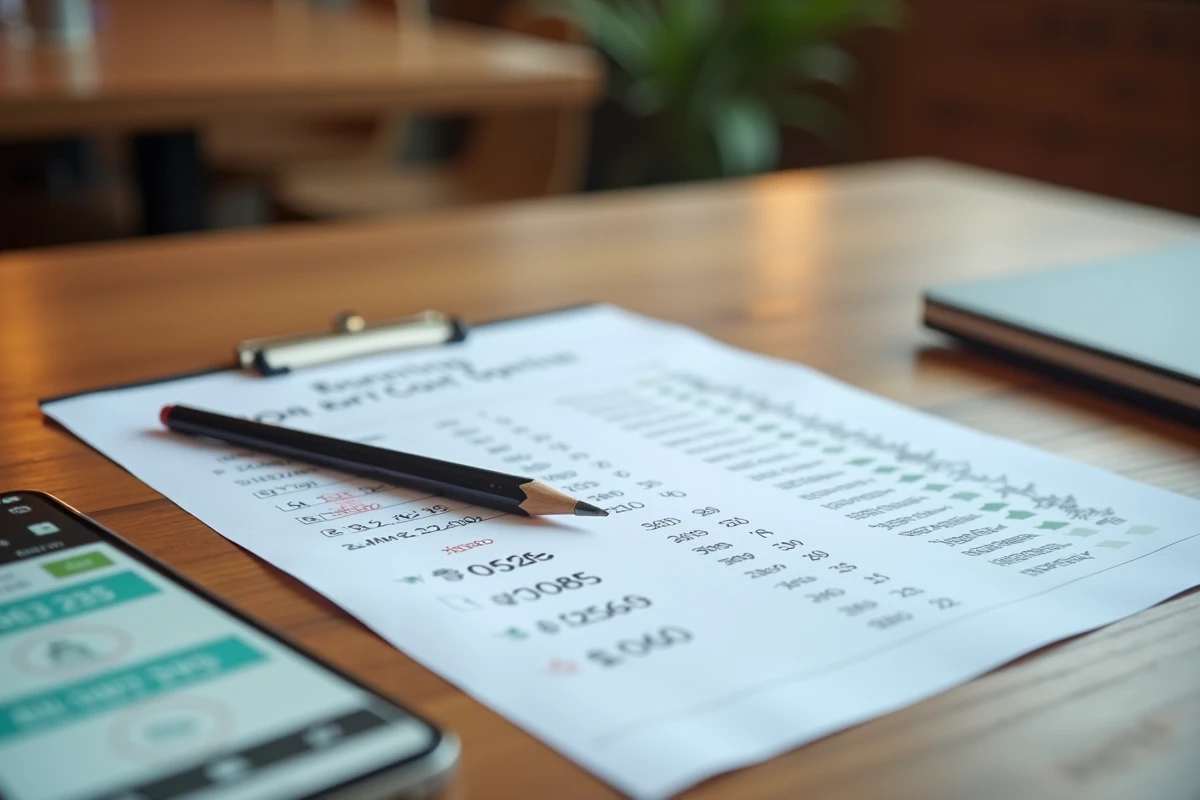 Gros plan sur une feuille de calcul des points P100 avec crayon et smartphone affichant un classement