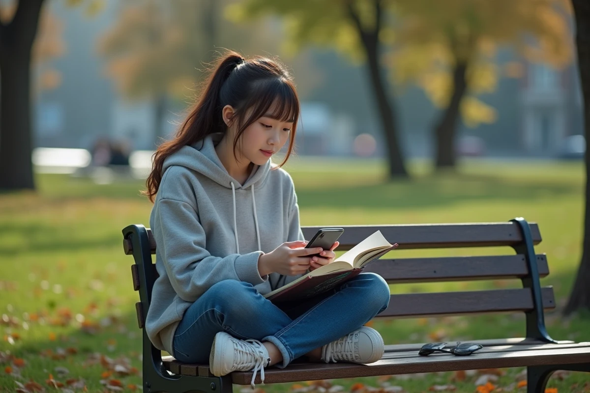 Fille de 17 ans lit manga dans un parc en ext&eacute;rieur
