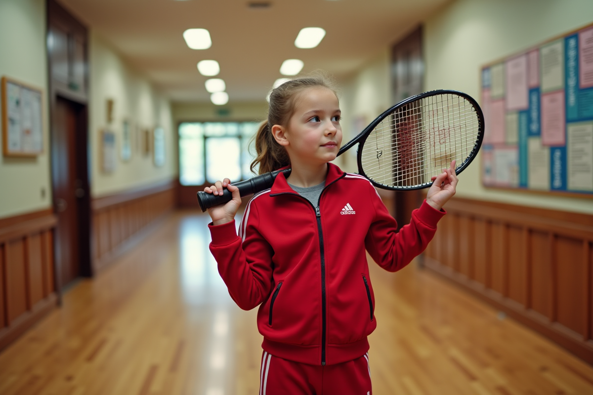 Fille de 12 ans avec raquette dans un hall sportif intérieur