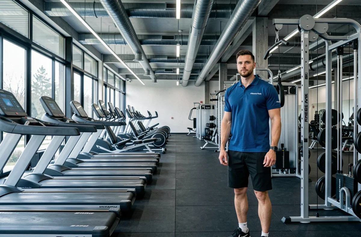 Coach professionnel au Fitness Park Nancy dans une grande salle de sport moderne en Meurthe-et-Moselle