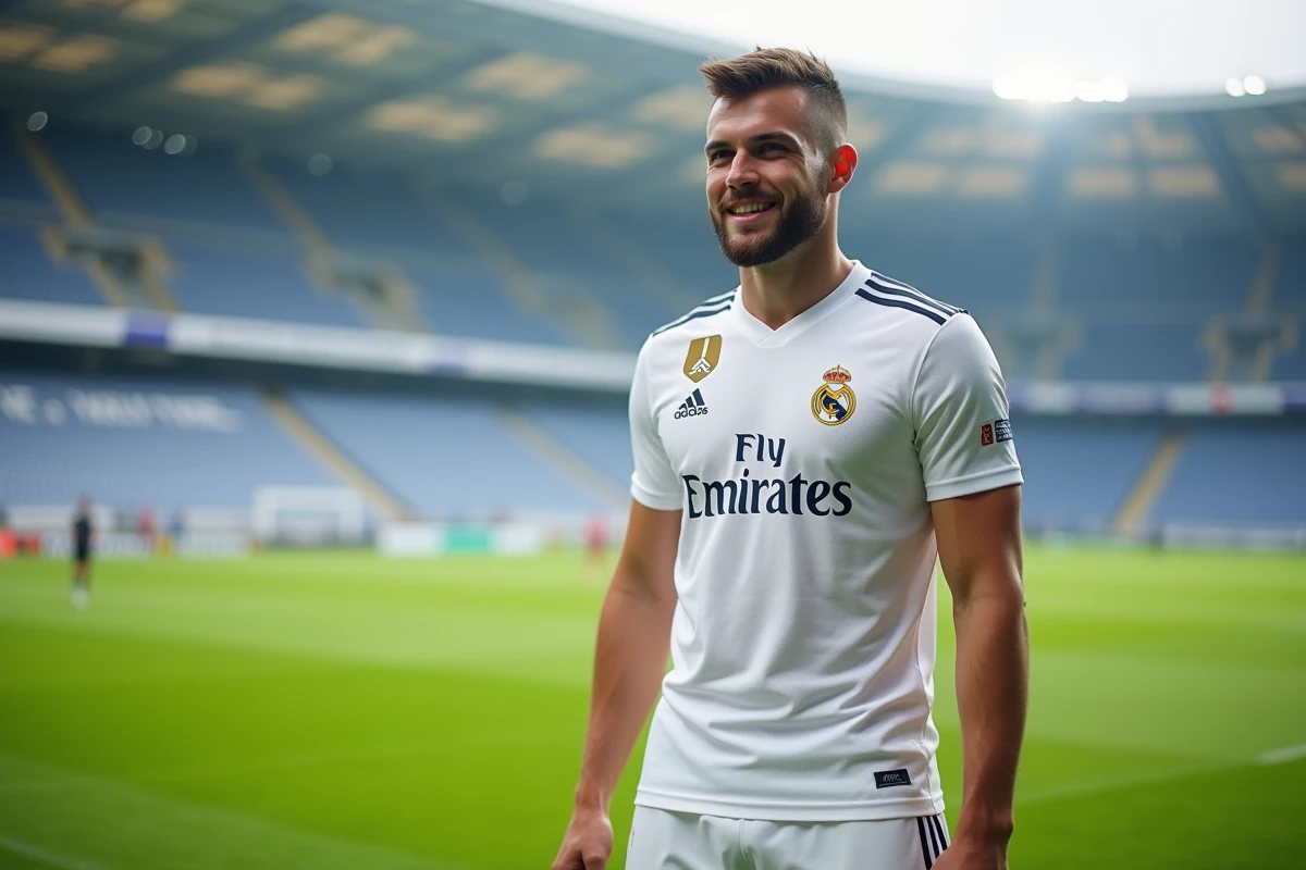Jeune footballeur confiant en maillot blanc Real Madrid