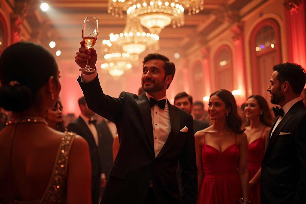 Soiree glamour avec invités et champagne en fête