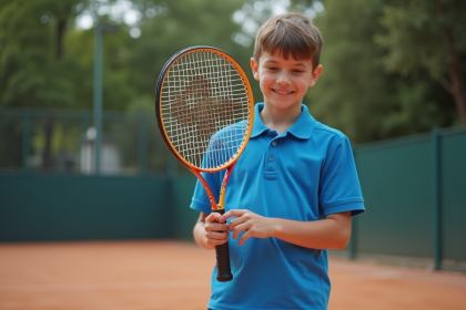 Jeune gar&ccedil;on de 10 ans examine une raquette de tennis sur court