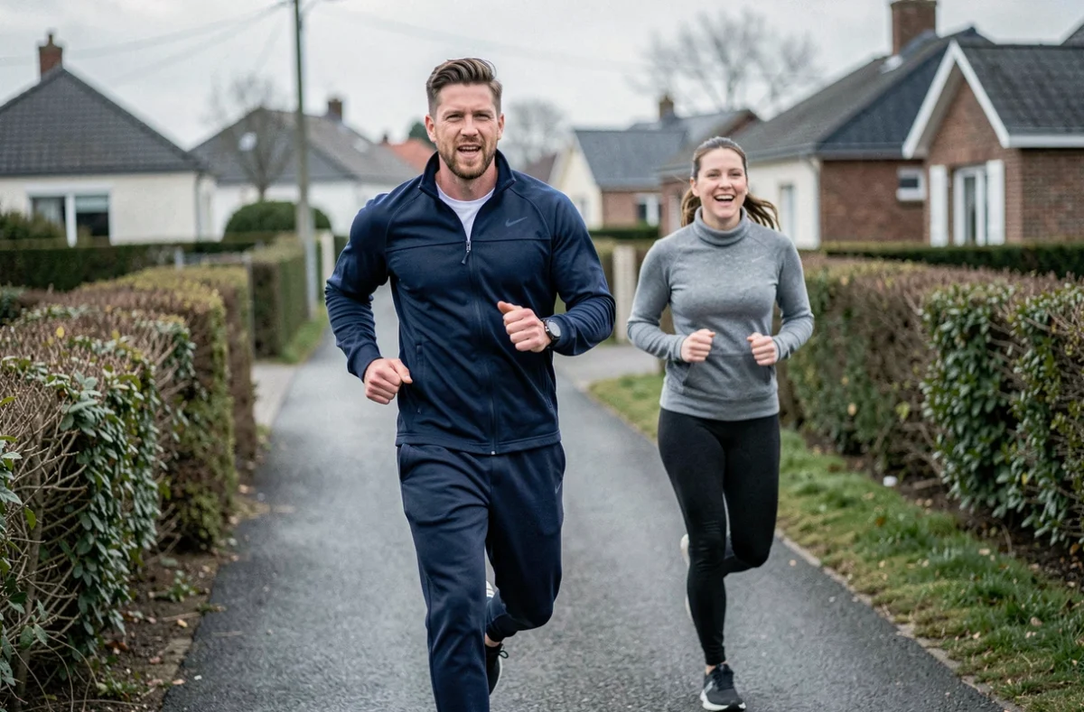 Geoffrey Levillain, coach sportif, accompagnant un client lors d'une séance de jogging en périphérie de Caen