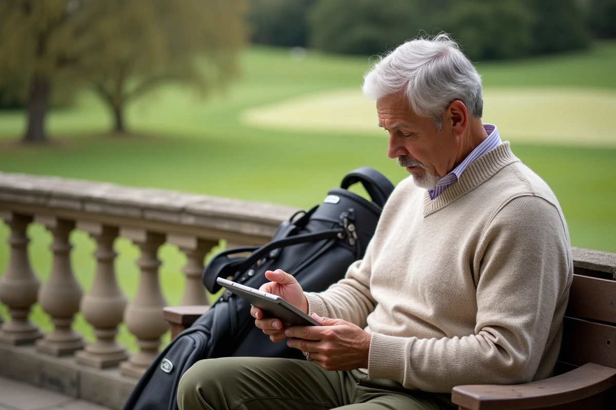 Golfeur senior consultant un blog de conseils de putting sur tablette en terrasse d'un club de golf