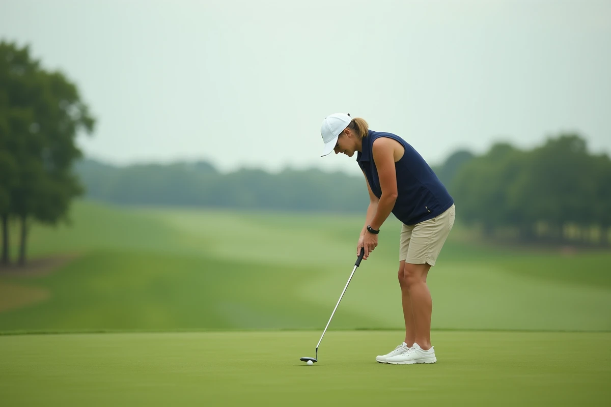 Golfeuse effectuant un putt sur un parcours réel avec suivi du regard sur l'herbe naturelle du green