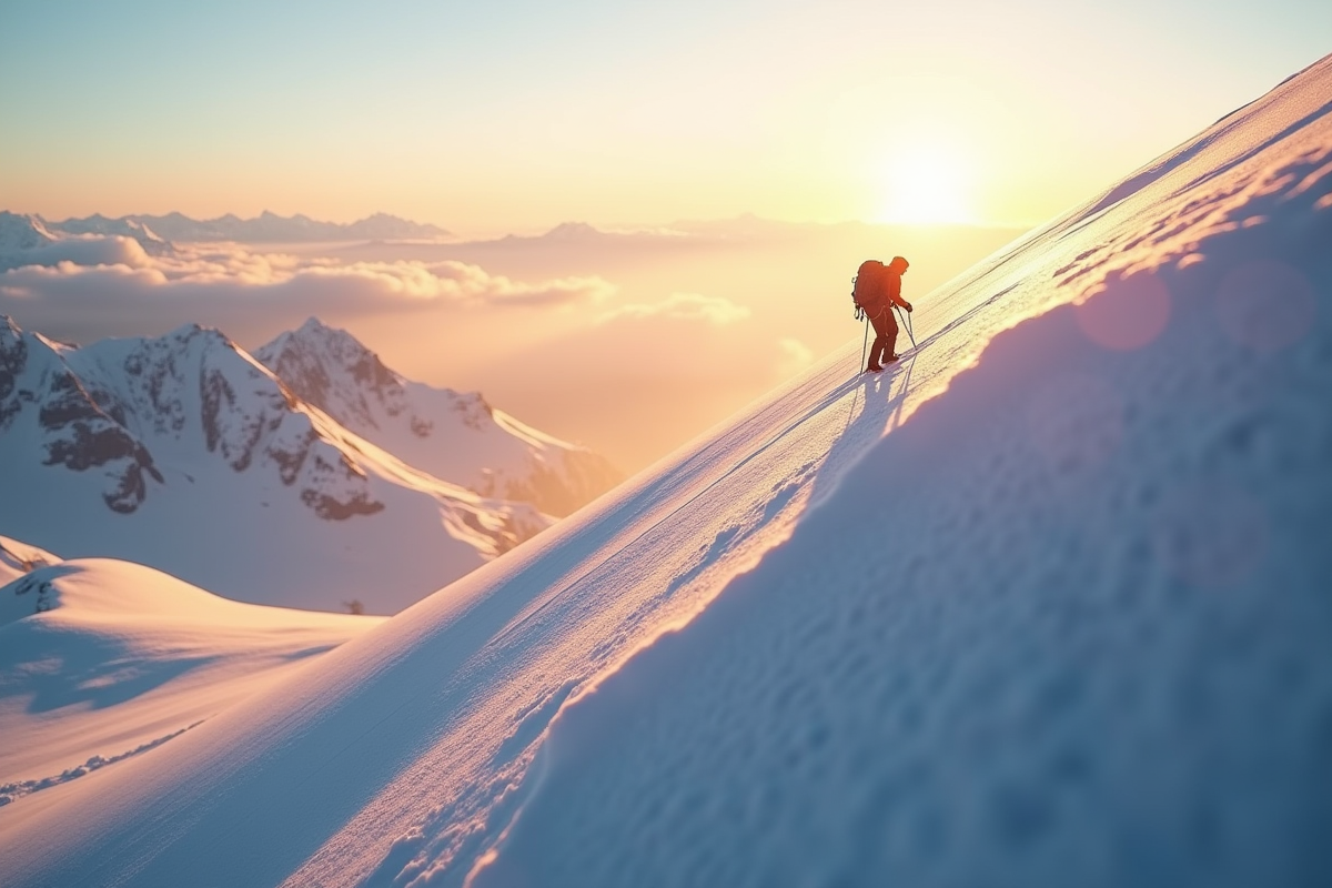 Climber solitaire montant une crête enneigée au lever du soleil
