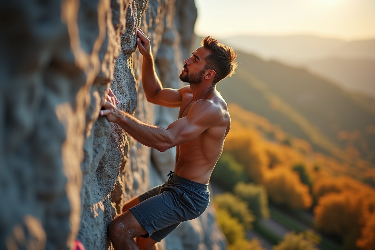Athlète d'élite en pleine ascension sur une falaise naturelle